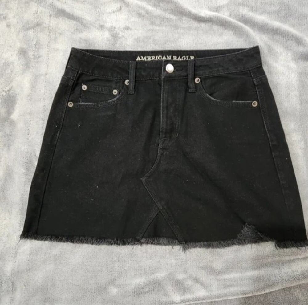 American Eagle Womens Jean Skirt Mini Distressed Denim Button Fly Black Size 4